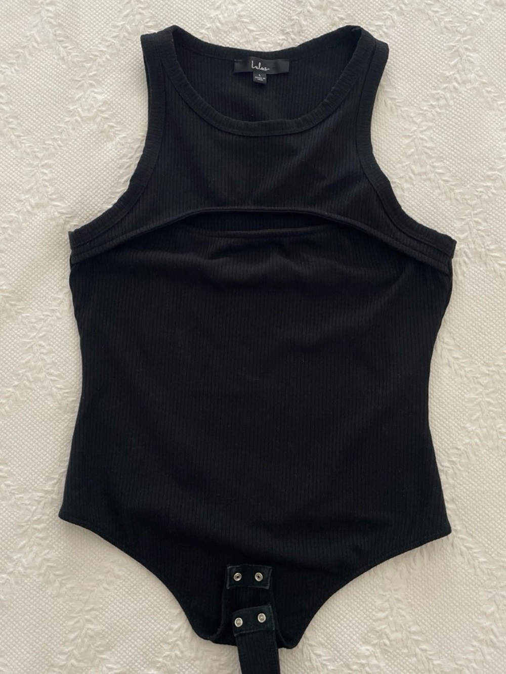 Lulu's Black Ribbed Tank Bodysuit with Cutout size Large form fit snap closure